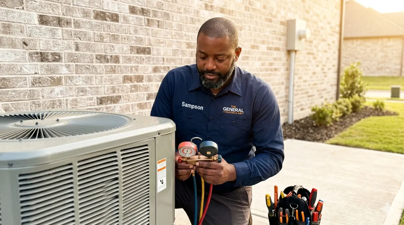 Adé Sampson inspecting an outdoor HVAC unit