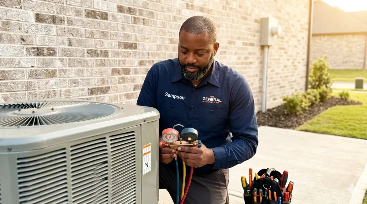 Adé Sampson inspecting an outdoor HVAC unit