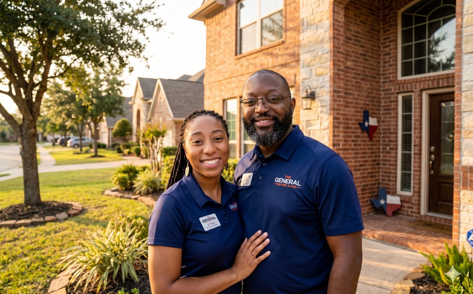 Adé Sampson and La Toya Luces-Sampson, MD, co-founders of The General Heating and Air, outside a Cypress home