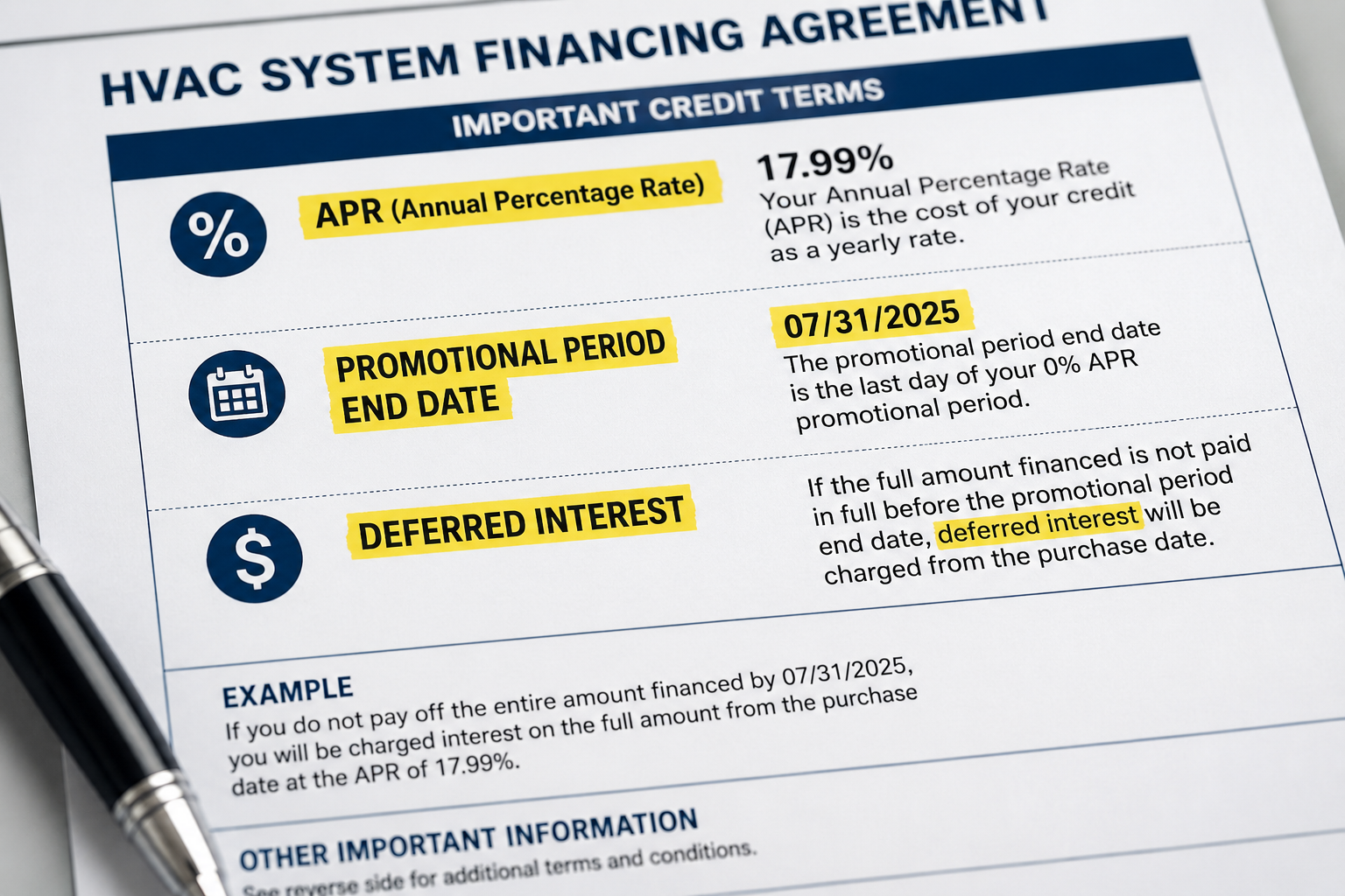 HVAC financing document with key terms to read including APR and deferred interest clause