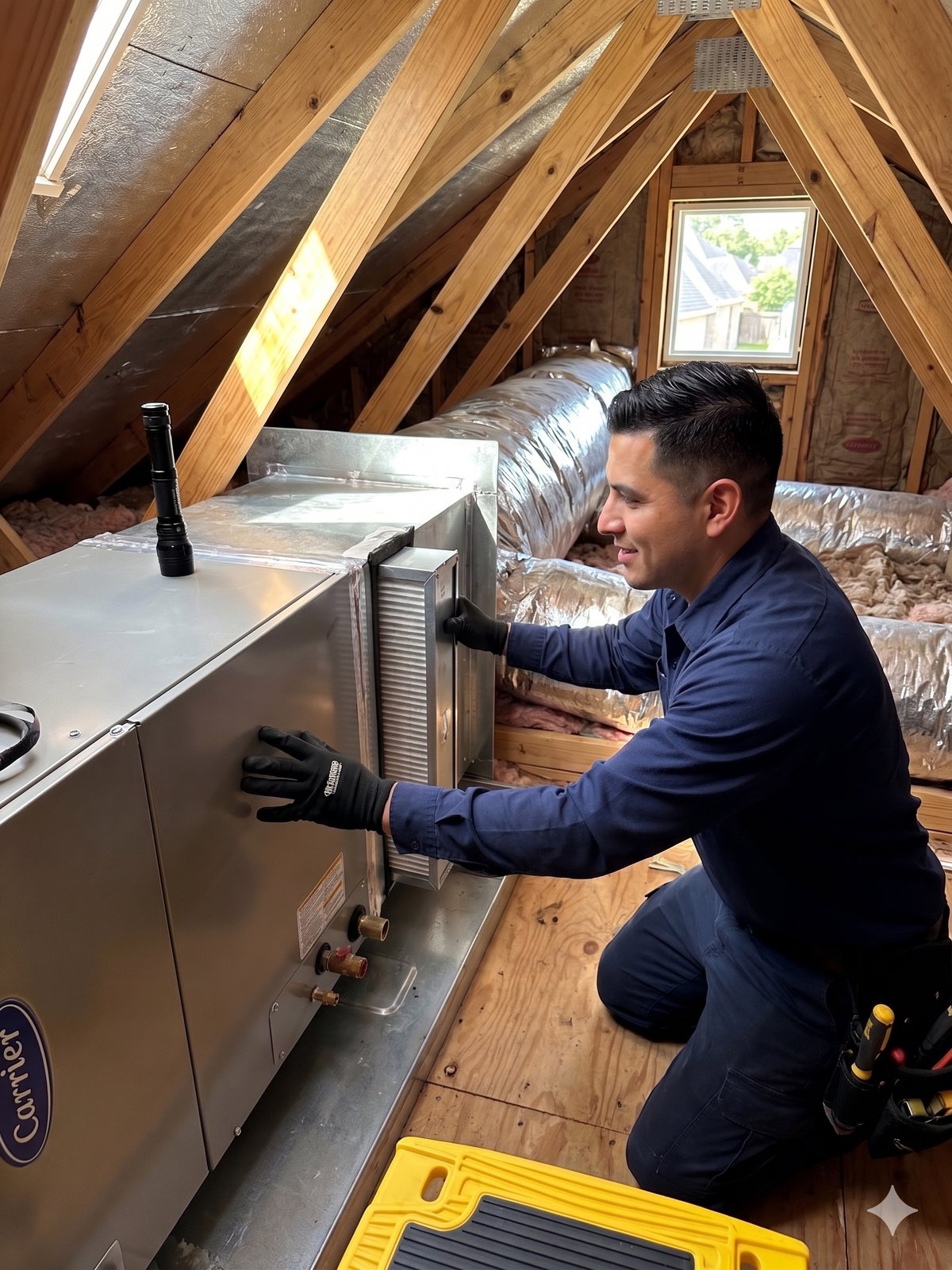 A technician installing a high-efficiency home air filter