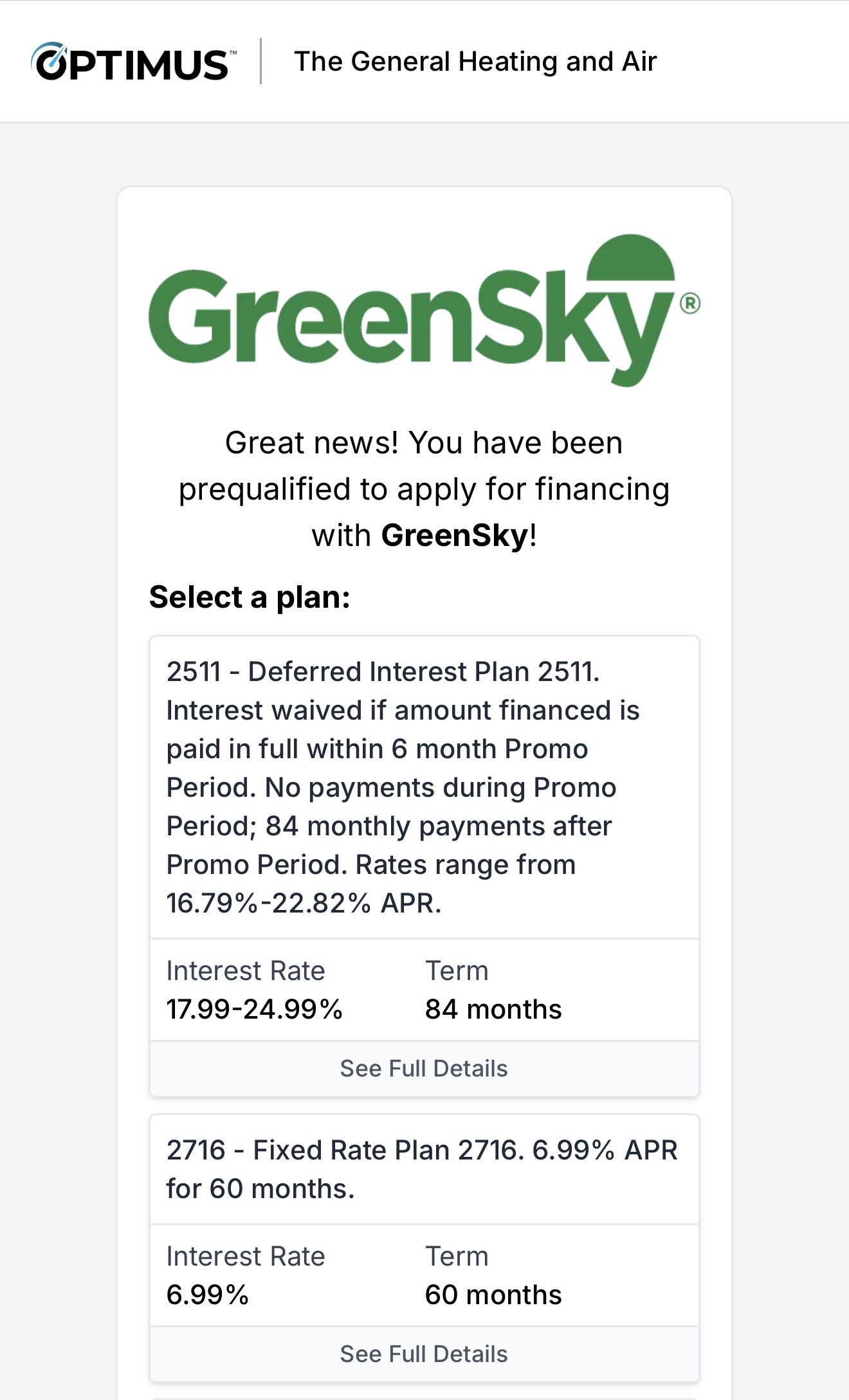 Optimus prequalified result screen showing approved plans