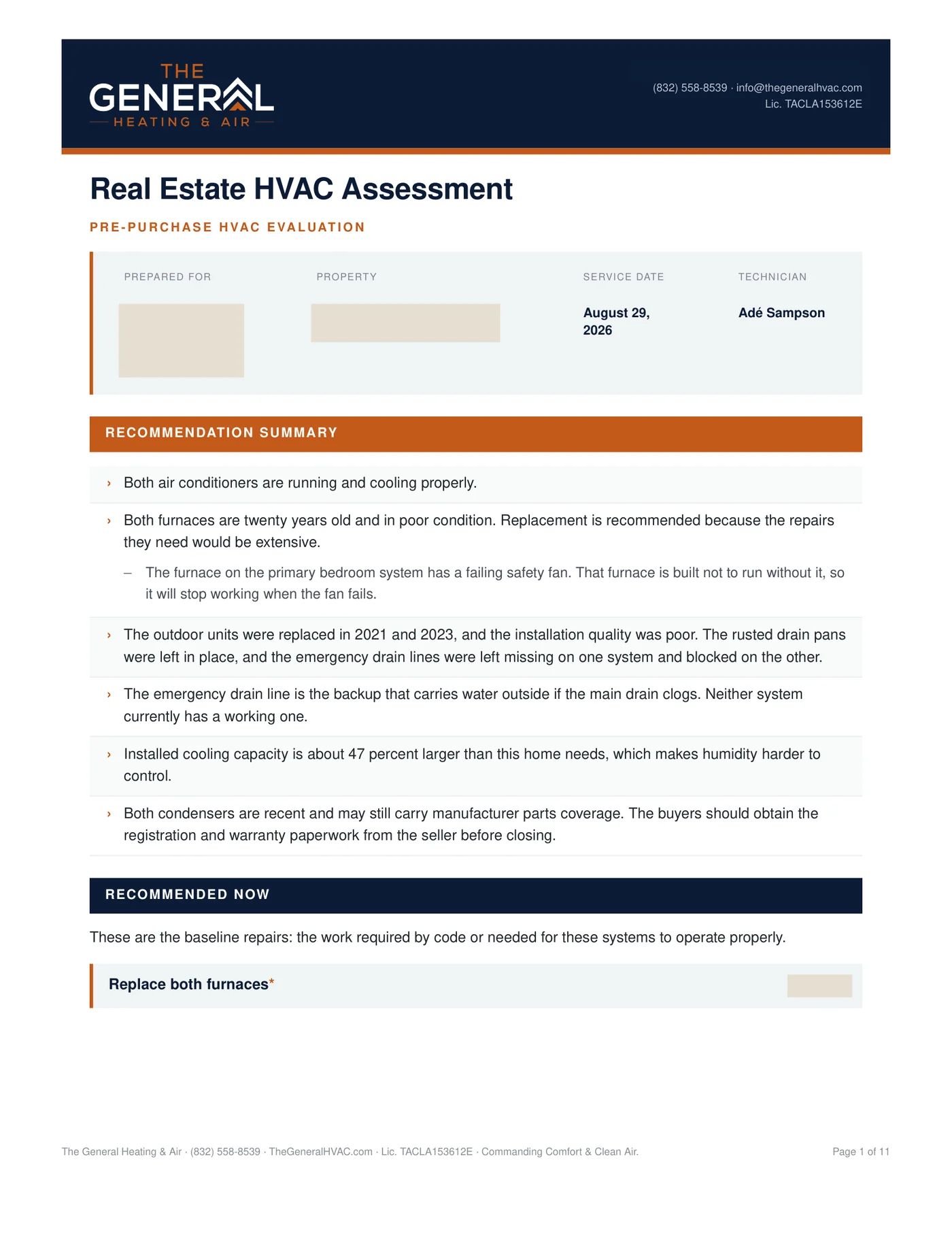 Page one of a Real Estate HVAC Assessment report from The General Heating and Air, with the customer and property fields blanked out. The Recommendation Summary lists that both air conditioners are running and cooling properly, that both furnaces are twenty years old and in poor condition, installation-quality and emergency drain line findings, an oversized cooling capacity finding, and a recommendation to obtain warranty paperwork before closing. Technician: Adé Sampson.