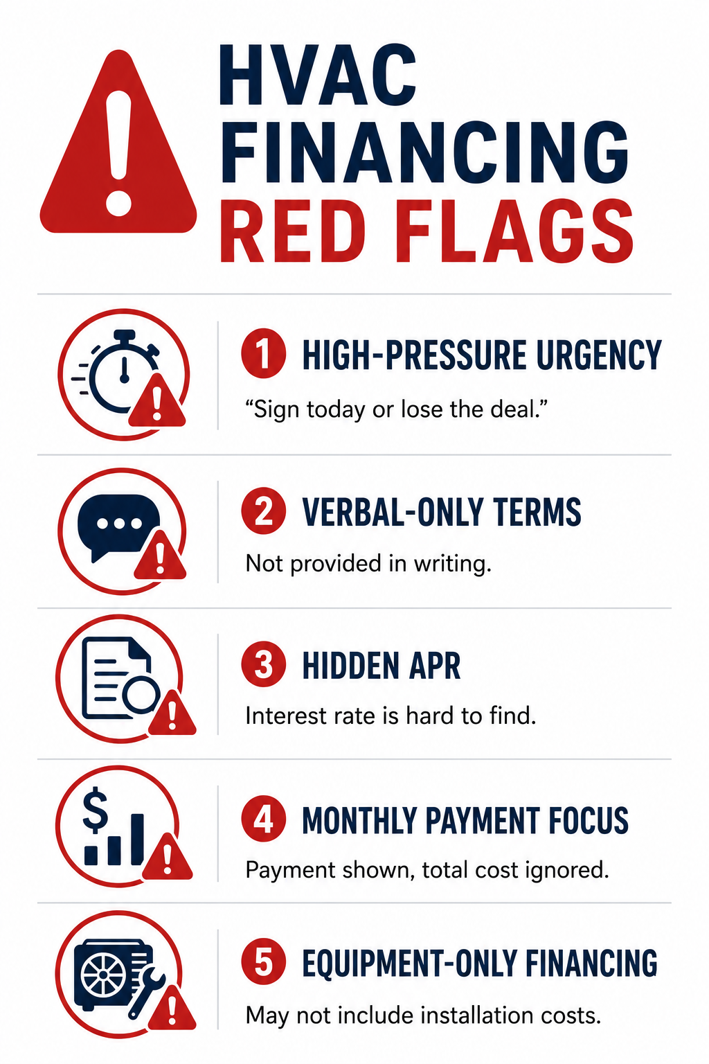 Red flags to watch for in HVAC financing offers including pressure tactics and unclear terms