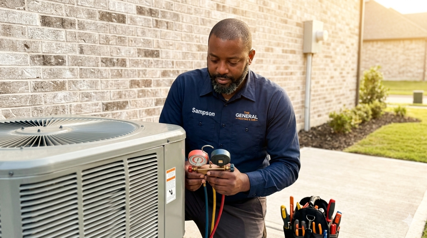 Technician evaluating a residential AC condenser in Cypress