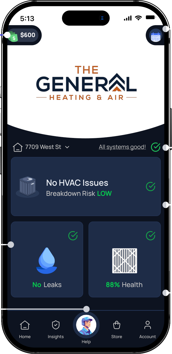 The General HVAC app showing system health, Comfort Reserves, and alerts