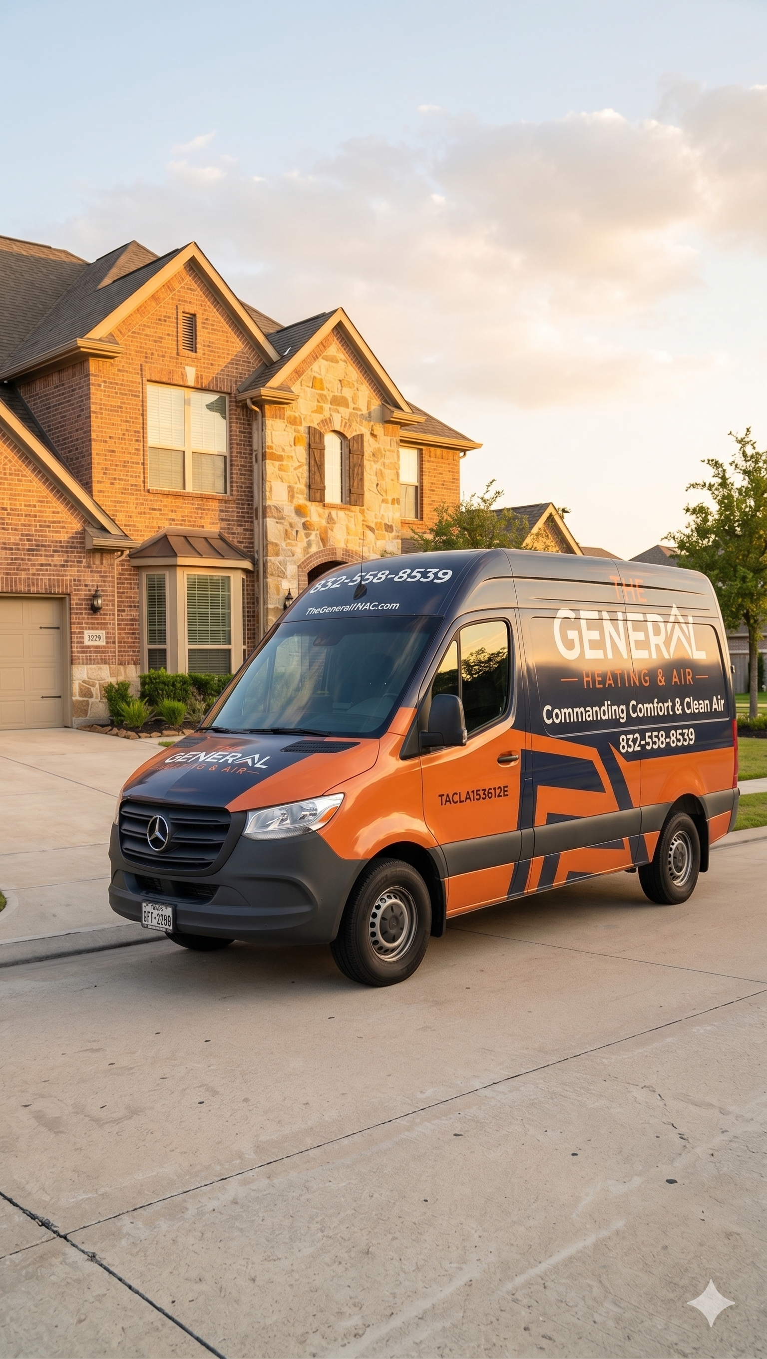 The General service van outside a Cypress home before a storm