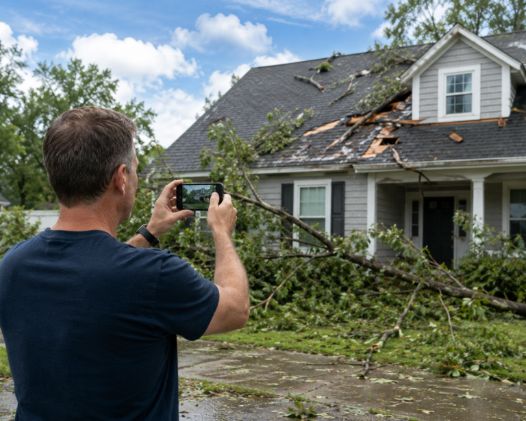 Homeowner documenting property conditions after a hurricane