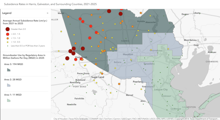 Map showing land subsidence trends in Katy and west Houston